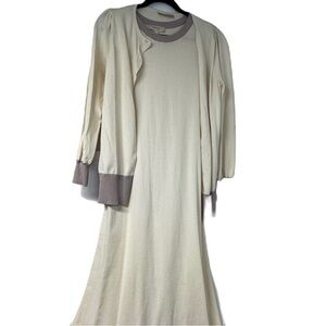 Beige Woman's L ivory and pink knit jumper cardigan set button down midi holiday